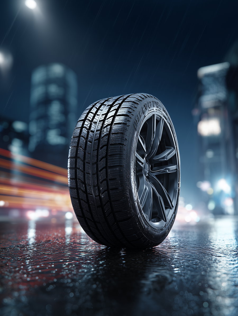 A close-up image of a single black car tire with wet tread and a modern alloy rim standing upright on a wet street at night, with blurred city lights and tall buildings in the background during rain.