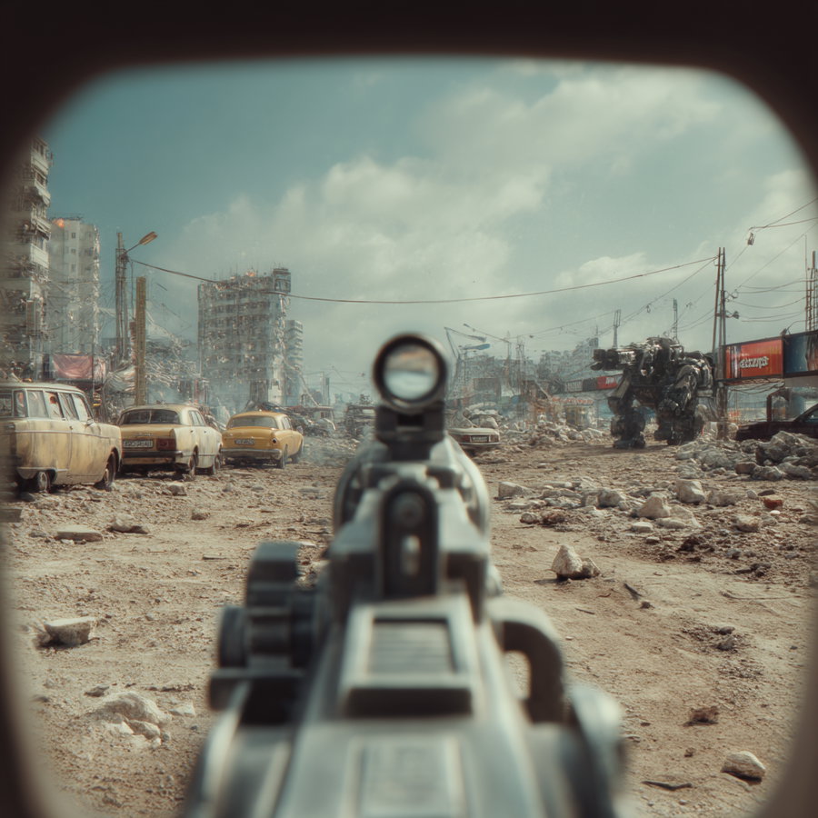 Desolate city street with old cars and rubble, viewed from behind a gun's aiming sight, featuring a large mechanical robot figure in the distance amidst damaged buildings