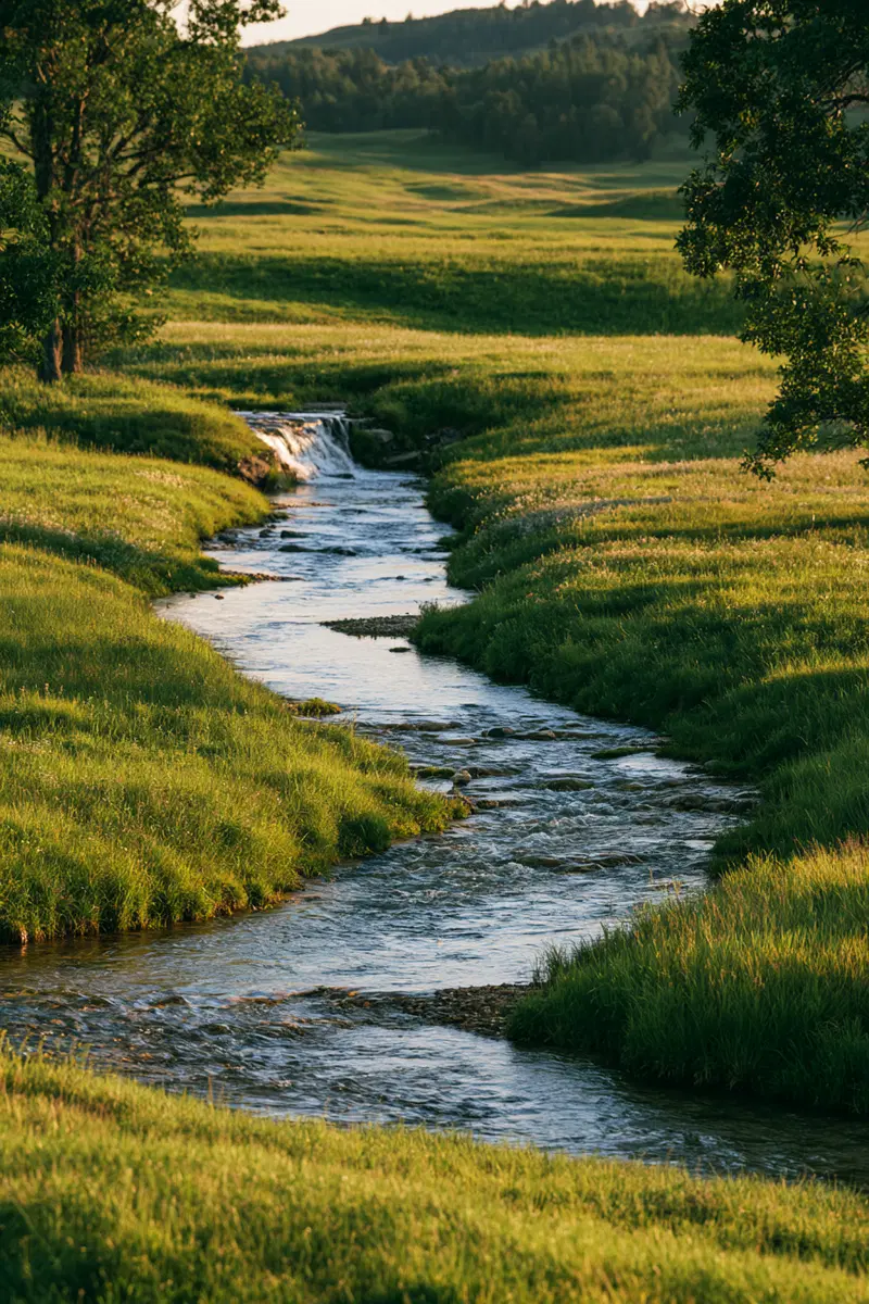 Tranquil landscape of a winding stream flowing through green grassy fields