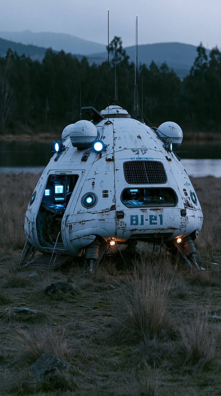 A white retro futuristic pod with glowing blue and orange lights, multiple antennas, and an open door revealing tech consoles inside, standing on a grassy field with distant trees and mountains under a cloudy sky.
