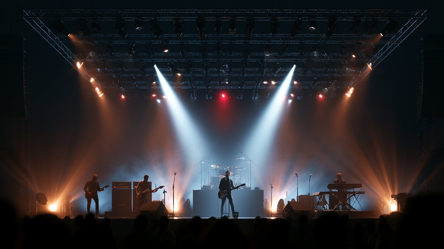 A band performing on stage with guitars, drums, and keyboards lit by bright spotlights and colored lights in a dark concert venue