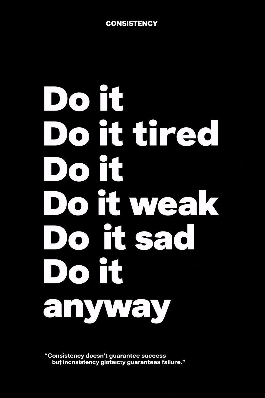 Black background with white bold text encouraging consistency with phrases like Do it tired, Do it weak, Do it sad, and a quote about consistency and inconsistency at the bottom.