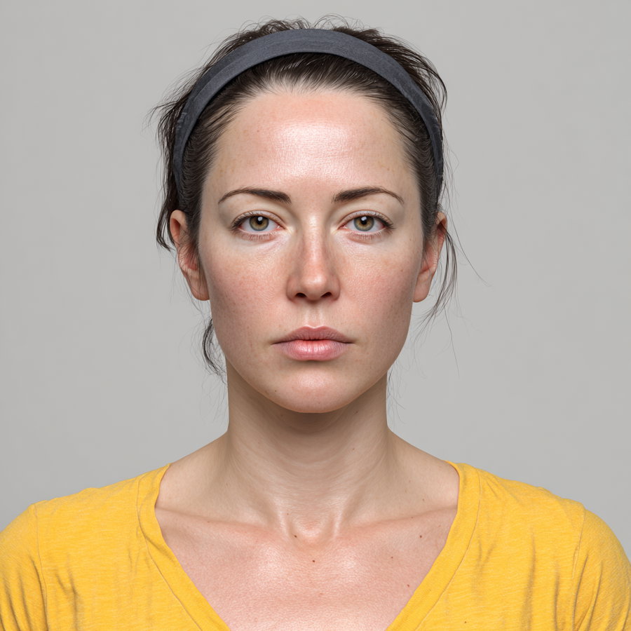 Close-up photo of a woman with a neutral expression, wearing a yellow shirt and a grey headband against a plain grey background