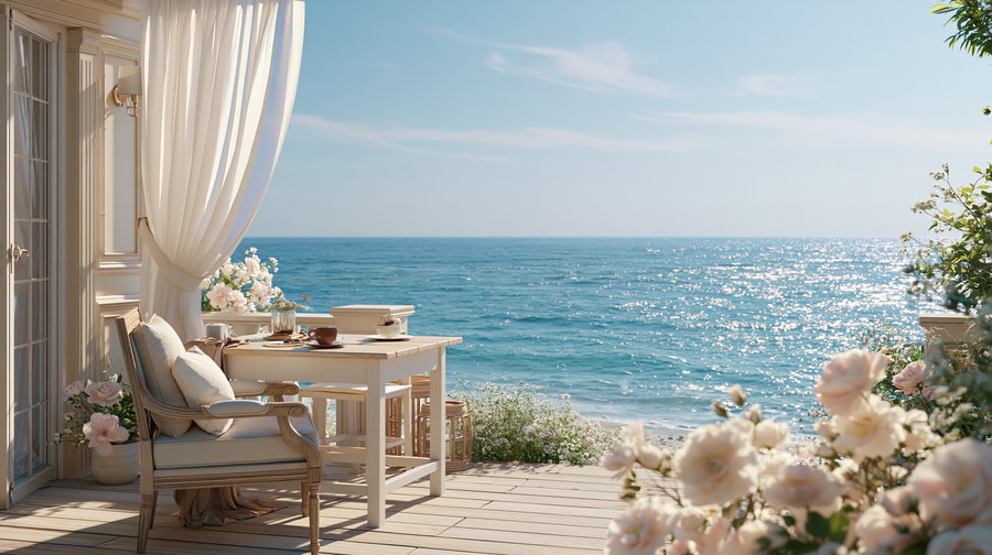 A coastal terrace with a wooden table and cushioned chairs, light curtains blowing, and blooming pink flowers overlooking a sparkling blue ocean under a clear sky