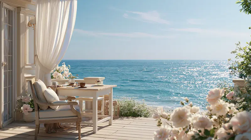 Calm and serene coastal terrace with ocean view and blooming flowers