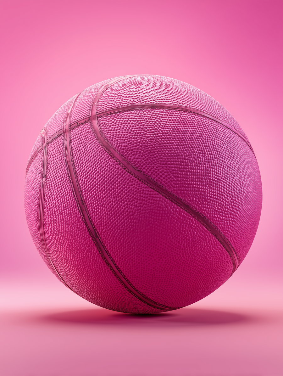 A close-up image of a textured basketball colored in bright pink, placed against a gradient pink background creating a monochromatic vivid visual effect.