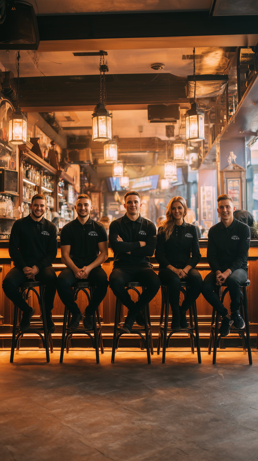 Five young adults wearing black shirts sitting on bar stools in front of a wooden bar counter with warm hanging lights and a cozy bar atmosphere