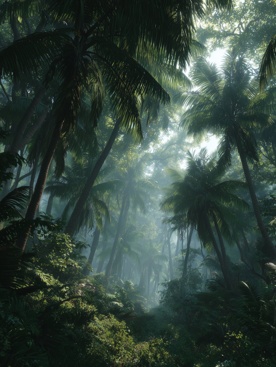 Dense tropical forest scene with tall palm trees, green foliage, and misty sunlight coming through the canopy