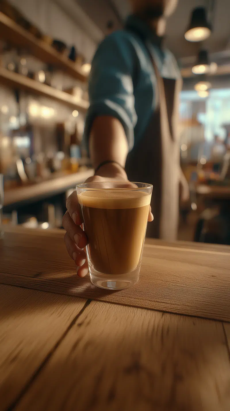 Cozy coffee shop scene with barista handing over a glass of coffee