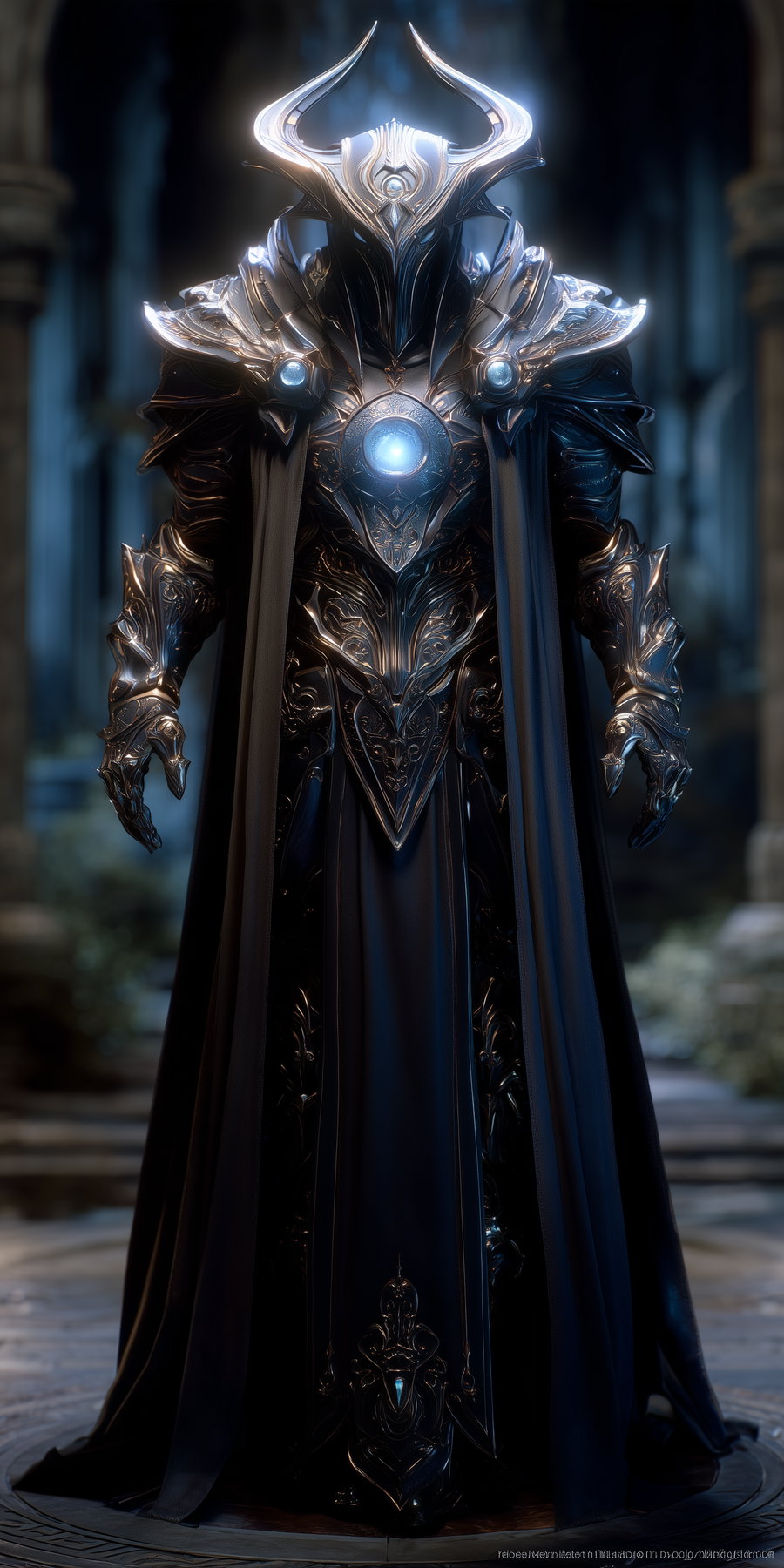 Full-body image of a person in ornate black armor with intricate designs, glowing blue orbs, a horned helmet, and long flowing cloak standing in a dimly lit stone hall