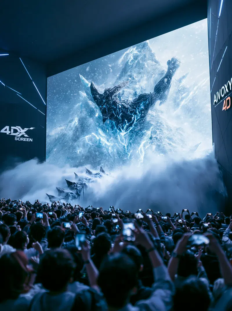 Crowd capturing a stunning monster scene on a massive 4DX screen
