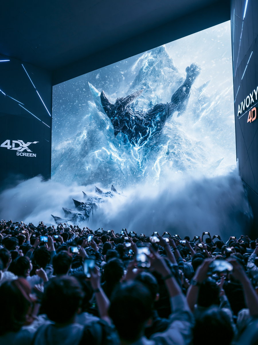 A large crowd of people holding up phones to photograph or record a giant screen showing a dark, icy monster with spikes and glowing elements in a snowy or stormy environment
