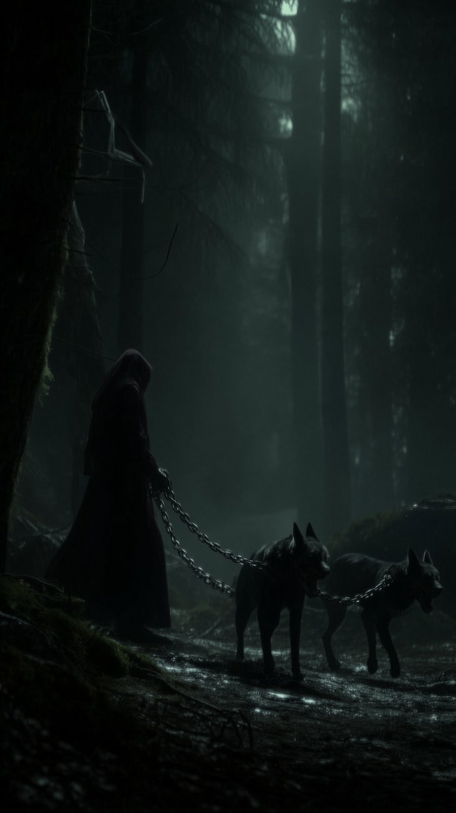 A shadowy figure in a hooded cloak holding chains leash two large black dogs in a foggy, dark forest