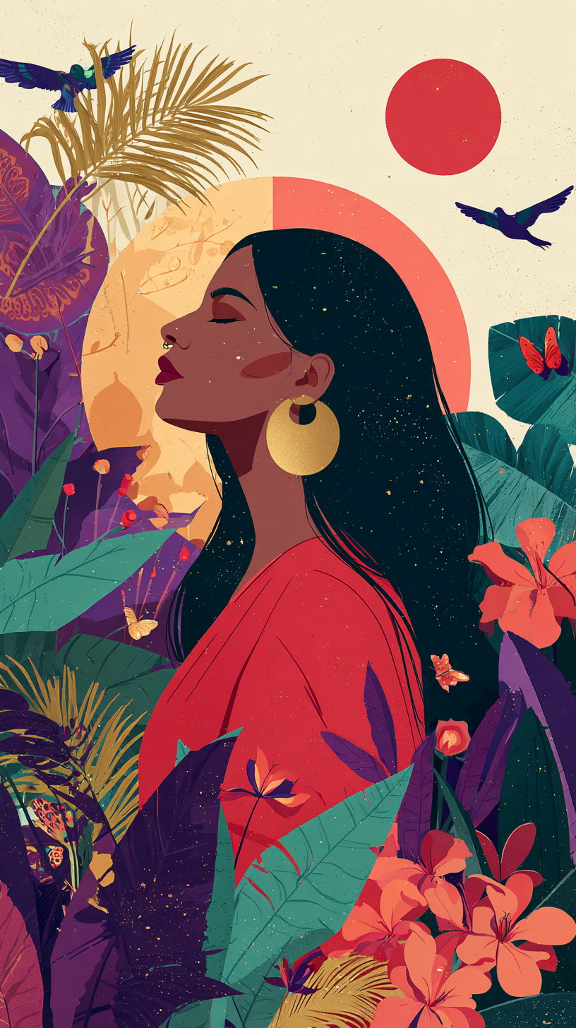 Illustration of a woman with long dark hair and large golden earrings, eyes closed, wearing a red garment with colorful leaves, flowers, butterflies, and birds around her, and circular shapes in the background