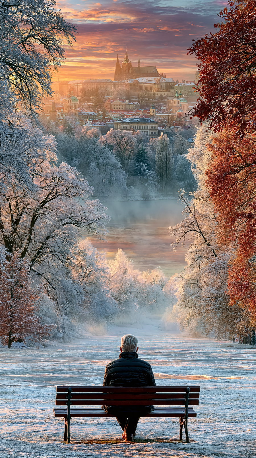 Person with white hair sitting on a bench facing a snow-covered park and river surrounded by frosted trees and autumn leaves, with a distant city and castle under a colorful sunset sky
