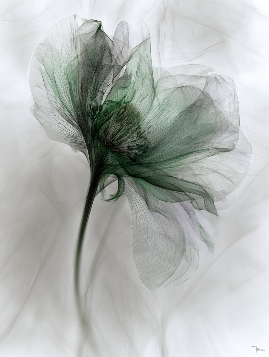 A close-up image of a translucent flower with green and gray hues, showing delicate petals and fine vein details against a light, smoky background