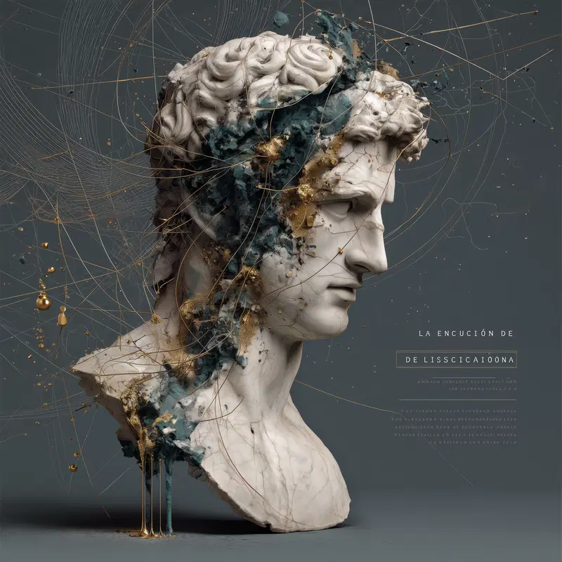 Classical bust sculpture with artistic gold and blue details on grey background