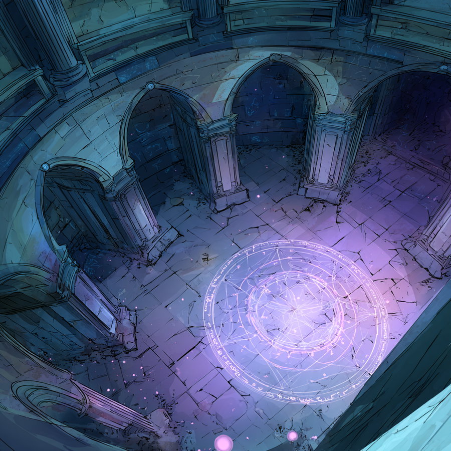 Top-down view of a round ancient stone chamber with broken pillars and a glowing magical symbol on the cracked stone floor