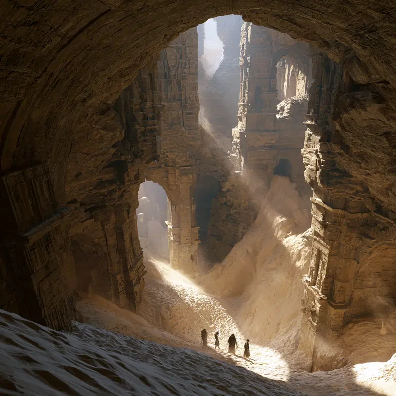 Ancient sandstone cave with detailed carvings and four travelers inside