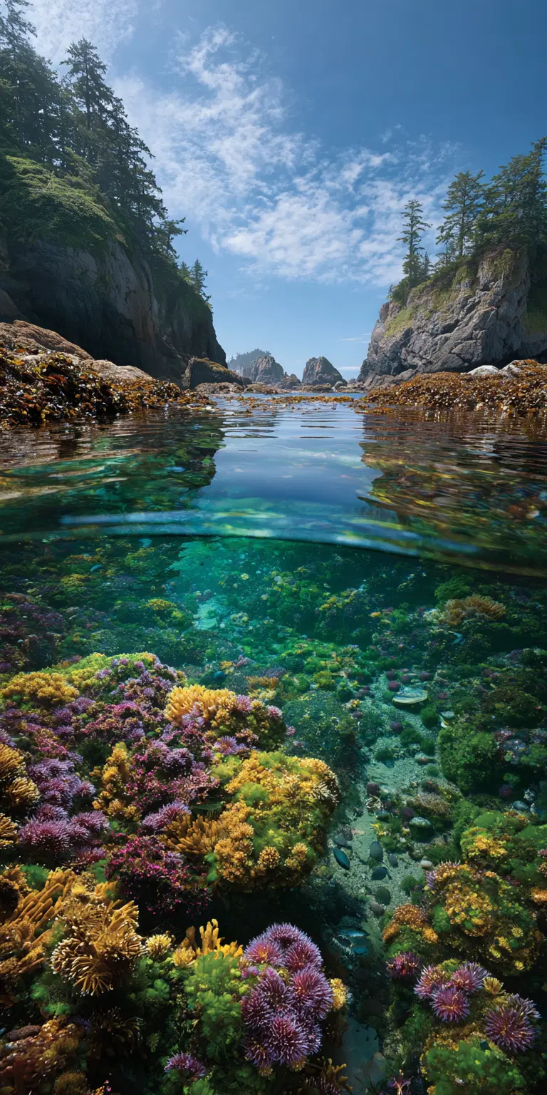 Vibrant underwater tide pool with colorful marine life and rocky landscape