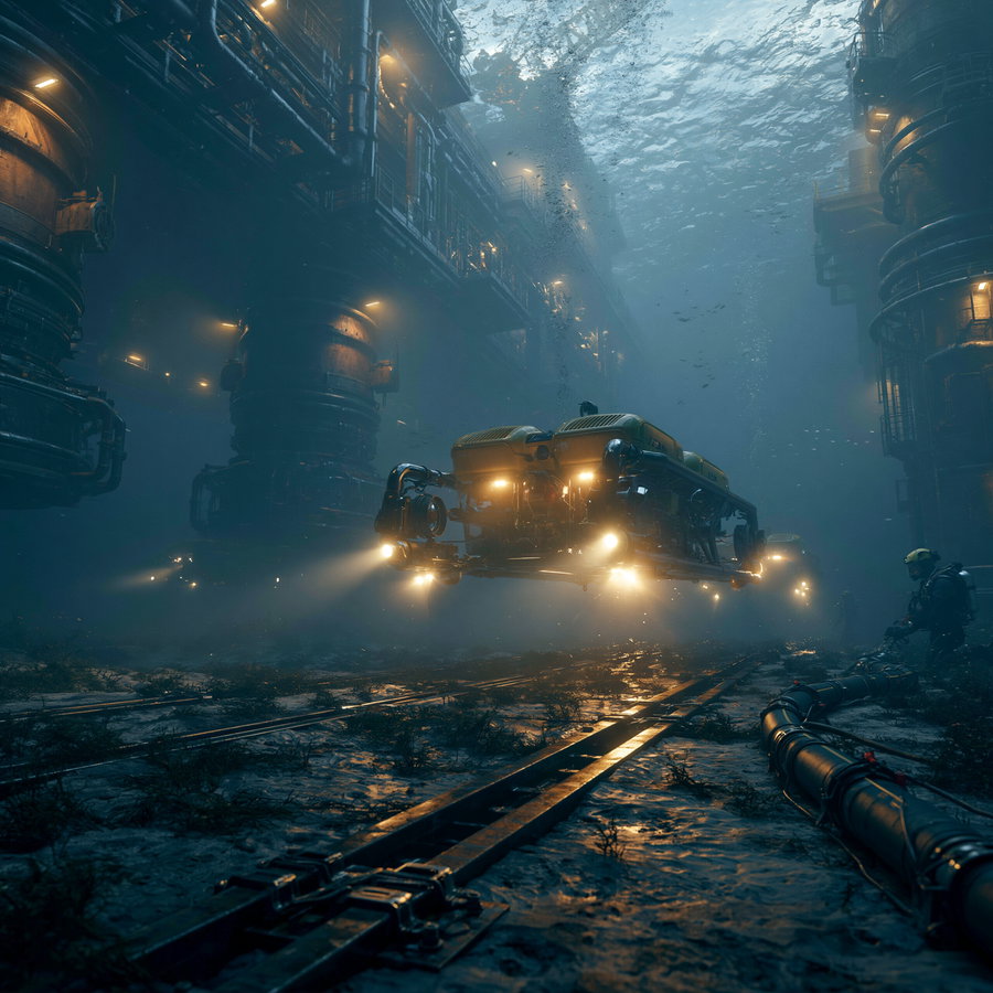 A dark underwater environment showing a large futuristic yellow submersible vehicle with bright headlights floating over a muddy seabed with tracks and pipes, alongside divers in diving suits and industrial structures in the background.