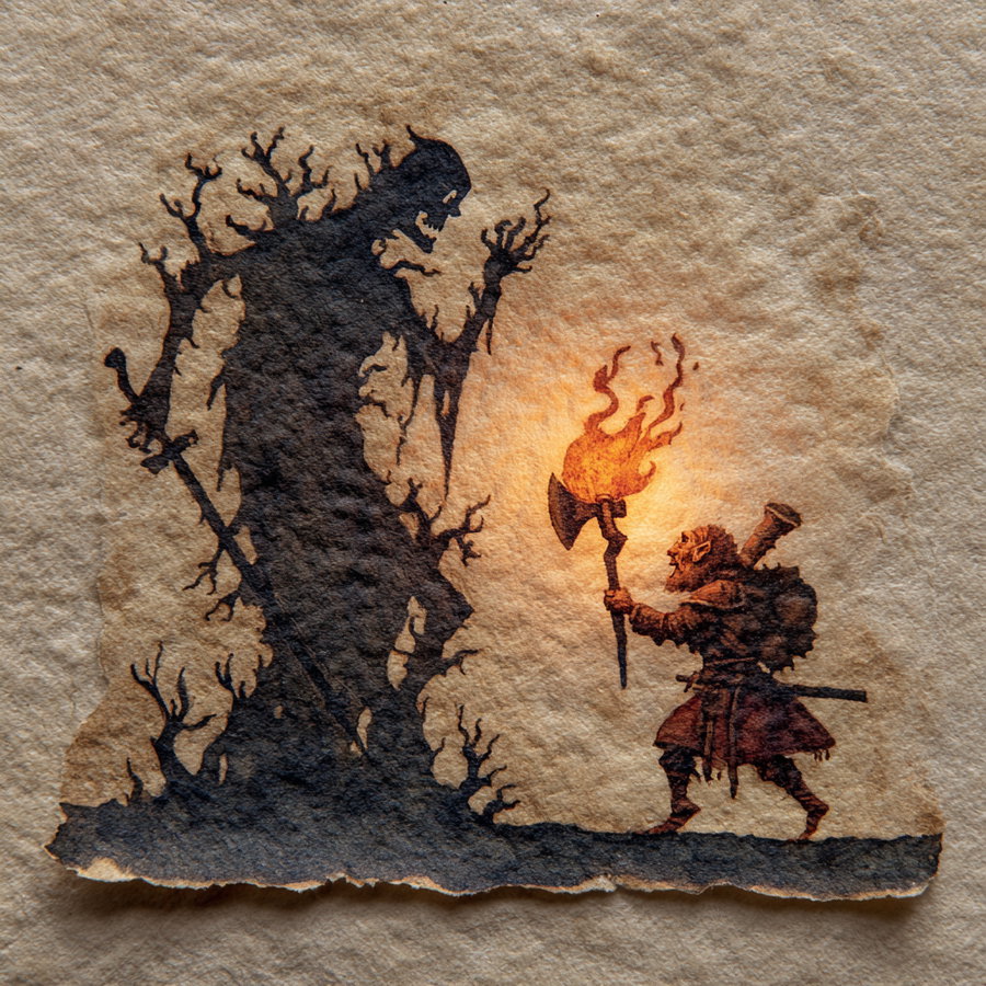Illustration on textured paper showing a warrior with a flaming axe confronting a dark, menacing figure resembling a tree monster