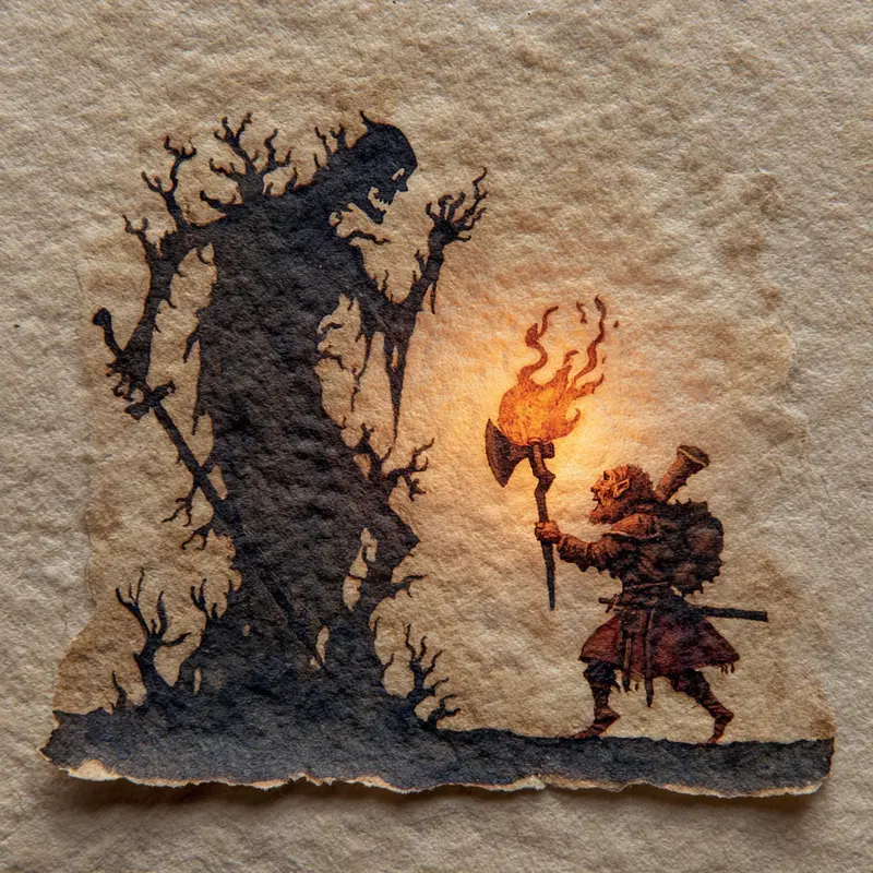 Dark fantasy artwork of a warrior holding a flaming axe facing a shadowy tree-like monster