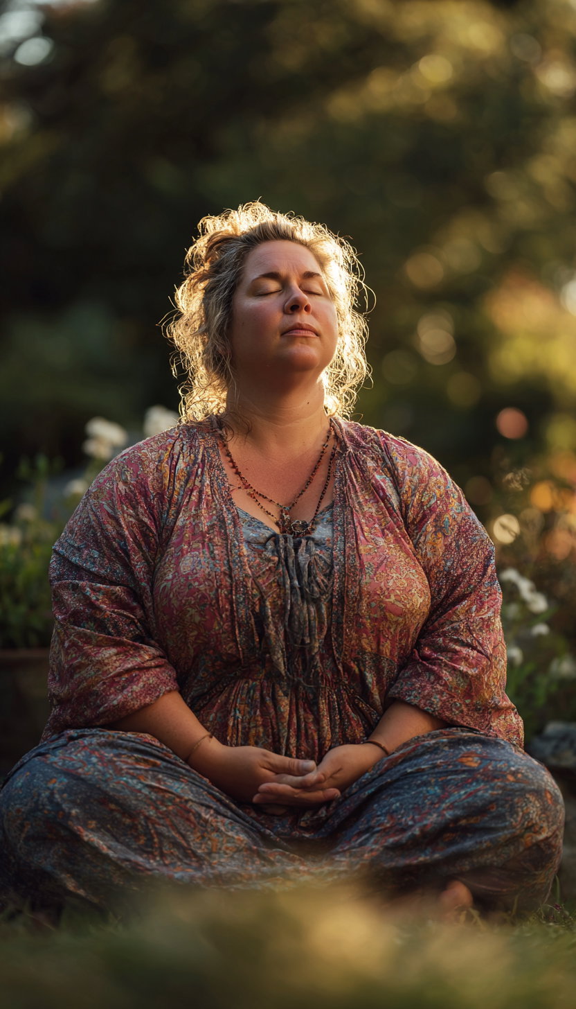 A woman in a colorful patterned dress sitting cross-legged on the grass with eyes closed, surrounded by blurred greenery and flowers, illuminated by soft warm light
