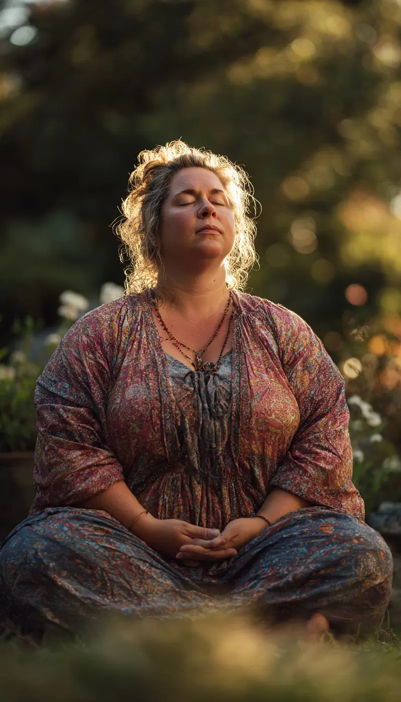Woman meditating peacefully outdoors with warm golden sunlight