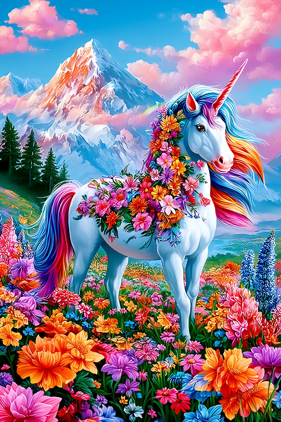 Illustration of a white unicorn with a rainbow-colored mane and tail, decorated with numerous flowers on its body, standing in a bright, multicolored flower-filled meadow with tall mountains and a blue sky with pink clouds in the background