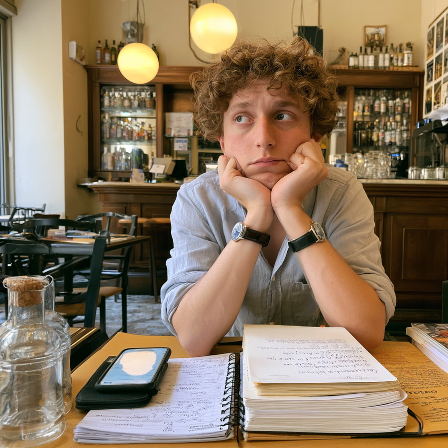 Young man with curly hair resting his face on his hands at a table with notebooks, a phone, and a water bottle in a cozy cafe interior