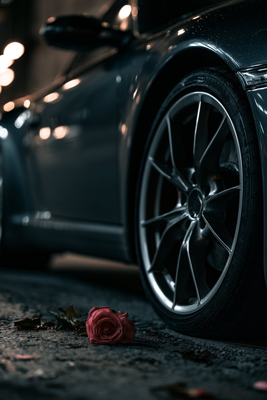 A close-up view of a pink rose on the pavement next to the front wheel of a dark-colored sports car at night with bokeh street lights in the background