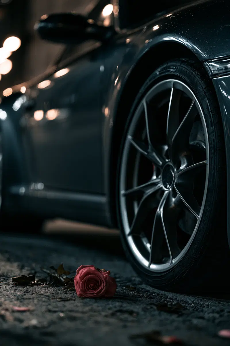 Romantic moody image of a single pink rose lying on the ground by a sports car's tire