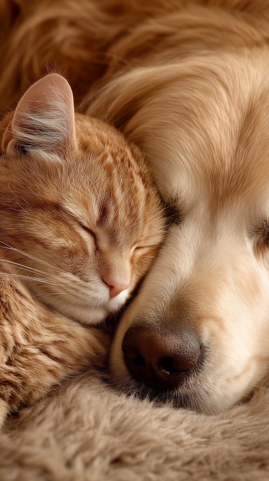 A close-up image showing a ginger tabby cat and a golden retriever dog sleeping side by side with their faces touching, both appearing relaxed and cozy.