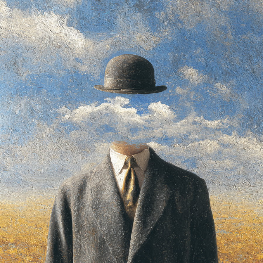 An oil painting of a man wearing a suit and bowler hat with no head, replaced by a blue sky with white clouds