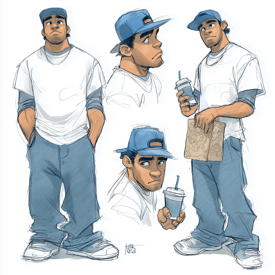 Colored sketches of a young man wearing a blue cap, white t-shirt over a long-sleeve grey shirt, baggy blue pants, and sneakers, shown in multiple poses holding a drink cup and a folder