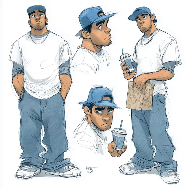 Detailed character study sketches showing different poses of a young man in casual wear
