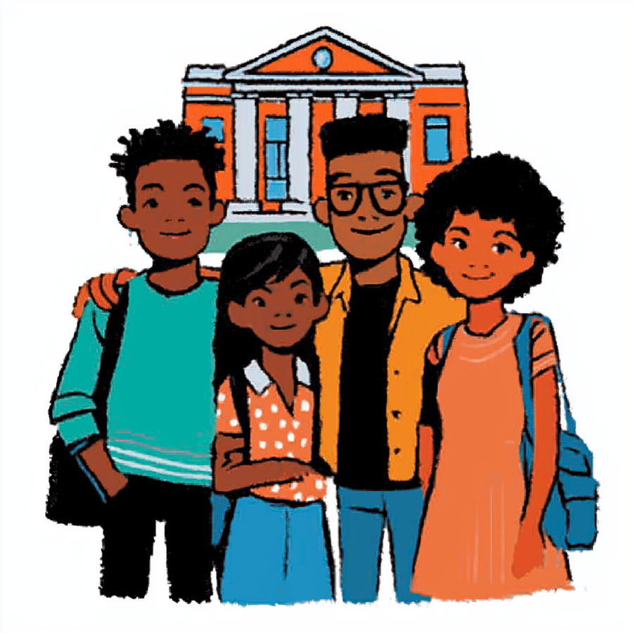 Stylized illustration of two young men and two young women standing side by side with a classical building behind them