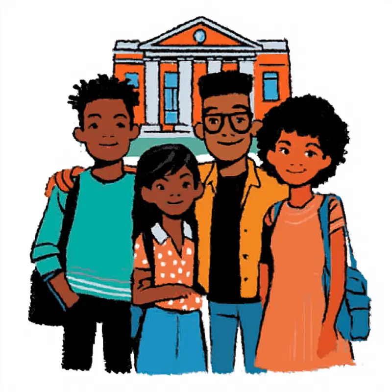 Illustration of four young people standing together in front of a building