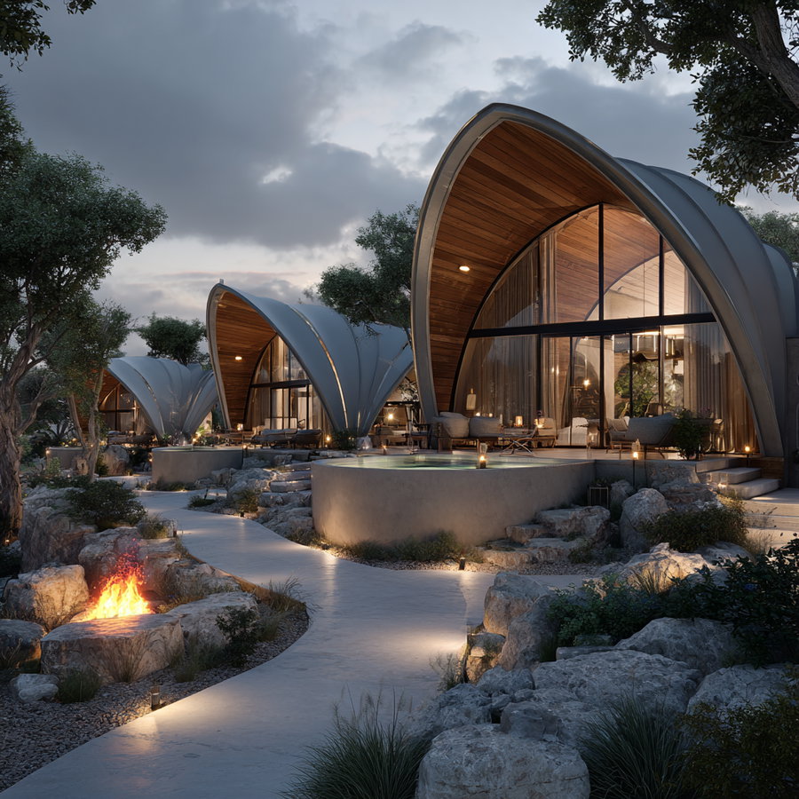 Pathway leading to modern homes with curved wooden and metallic roofs, outdoor seating areas, stone landscaping, and a lit fire pit during early evening