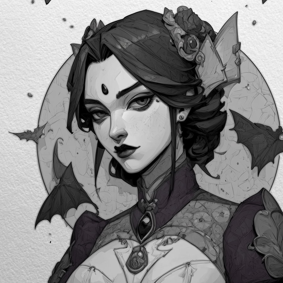 Black and white digital illustration of a woman with pointed ears, dark makeup, flowers in her hair, and bats flying around her against a textured background.
