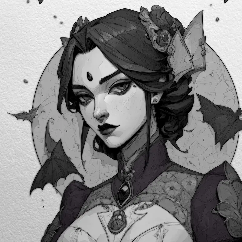 Moody grayscale digital portrait of a gothic woman with bats