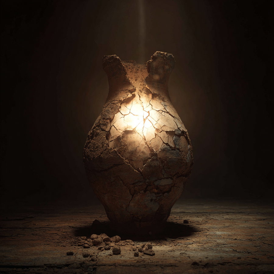A cracked and partially broken antique clay vase illuminated from inside, sitting on a dry cracked surface in a dark environment