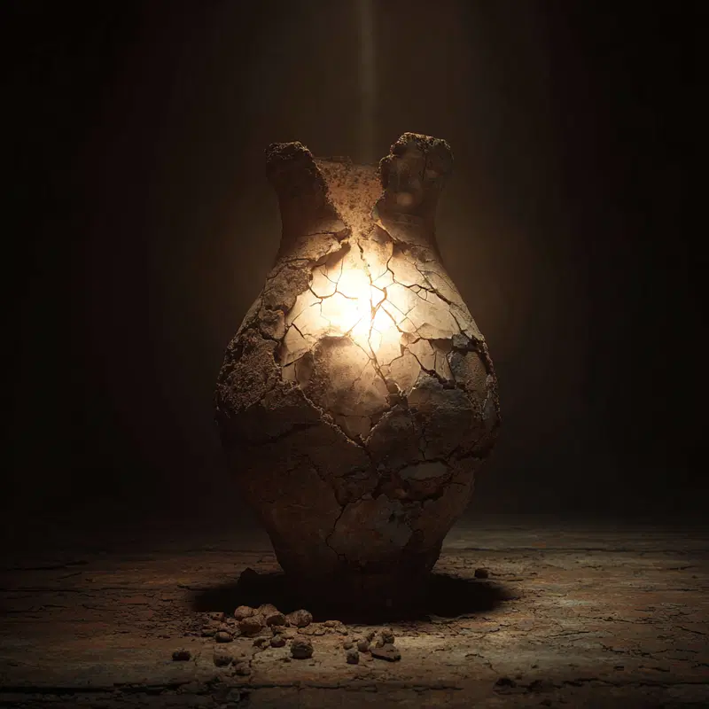 Glowing ancient cracked clay vase with dramatic lighting