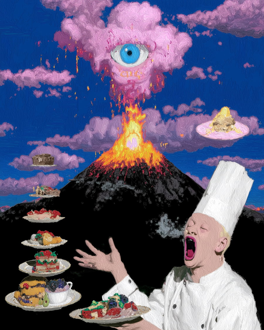 A surreal painting showing a volcano erupting with pink smoke forming an eye above it, various floating plates of food around, and a chef with an open mouth and white uniform in the foreground.