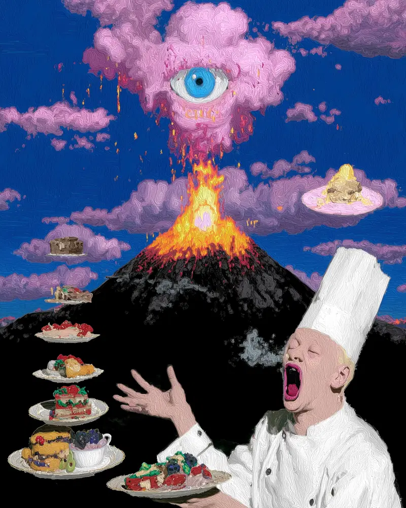 Surreal Statement Wall Art Featuring Volcanic Eruption with Floating Eye and Chef
