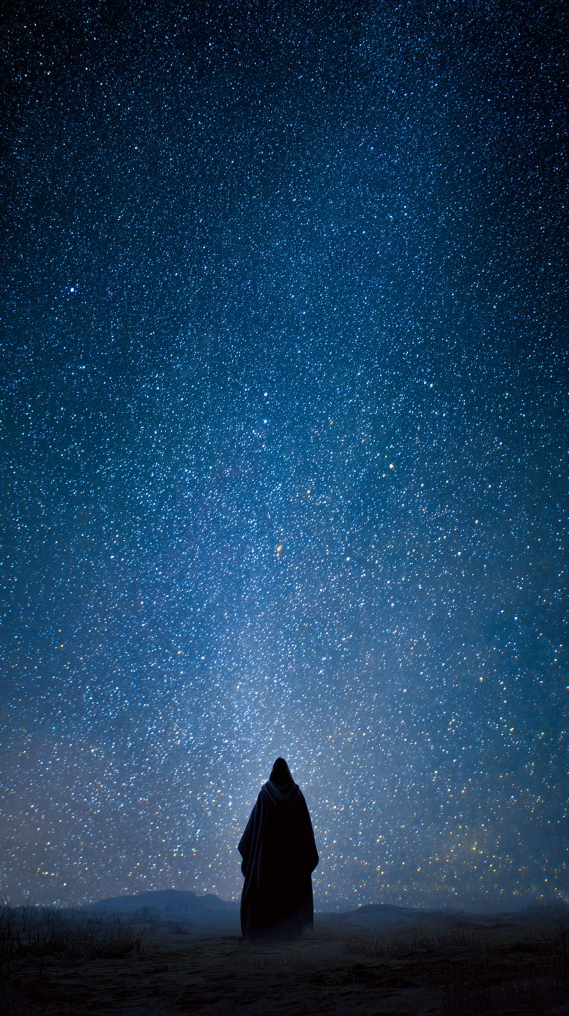 A solitary cloaked figure stands on a dark ground facing a sky densely packed with stars, creating a dreamy and ethereal night scene