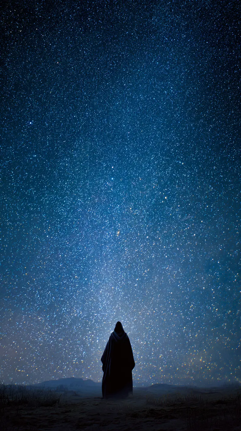Silhouette of a person beneath a vast star-filled night sky with distant hills