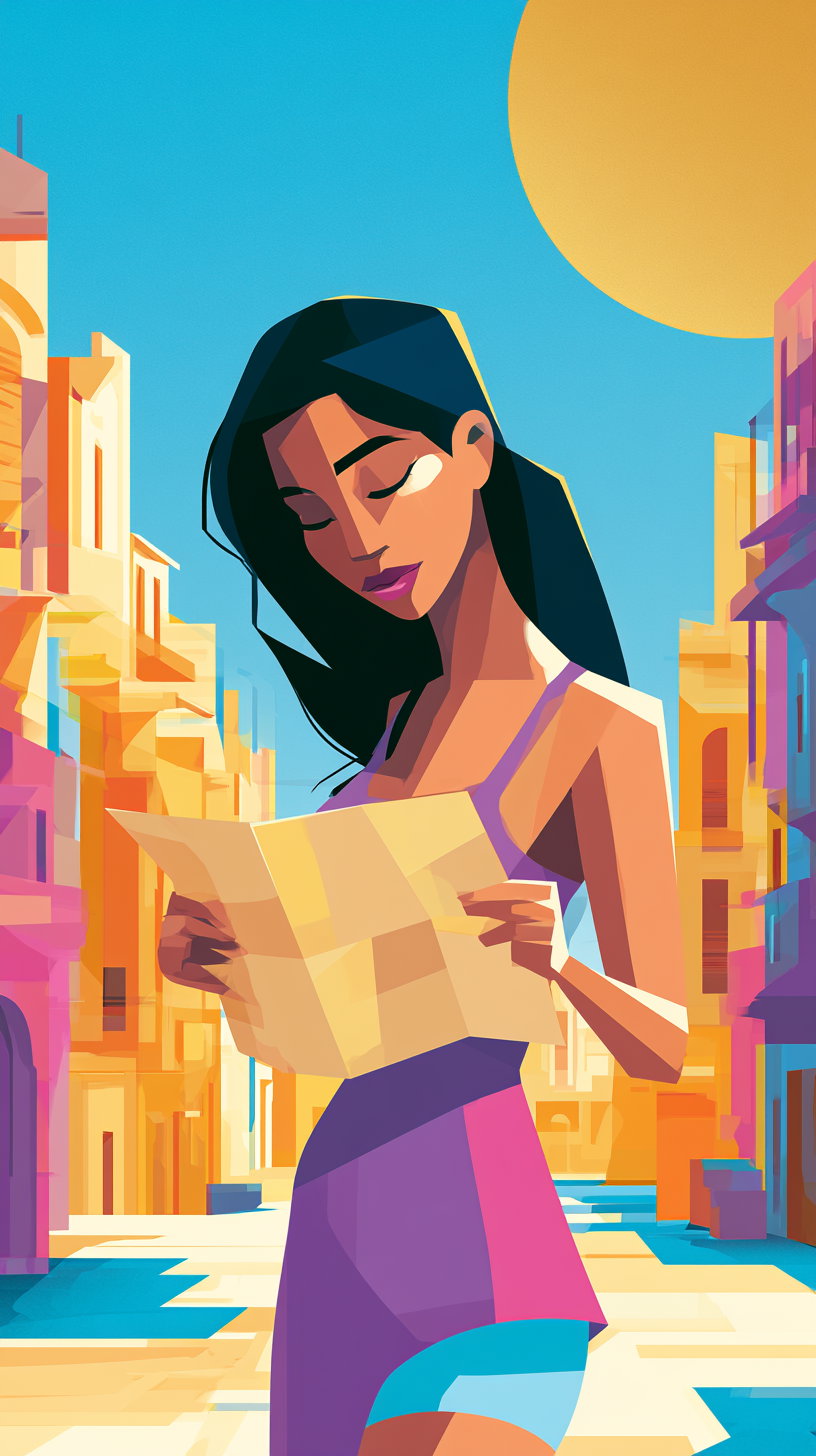 Stylized digital painting of a woman with dark hair holding a map, standing on a sunlit street with colorful buildings and a large sun in the sky