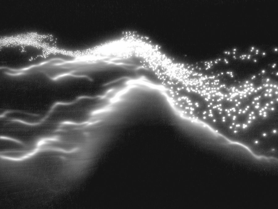 black and white digital abstract art showing flowing light waves with bright glowing dots and particles scattered along the shapes